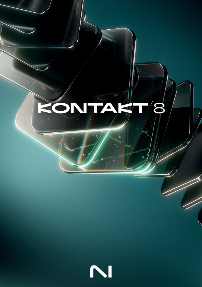 Kontakt 8 neon tech artwork for Native Instruments, teal gradient, tunnel of glossy panels.