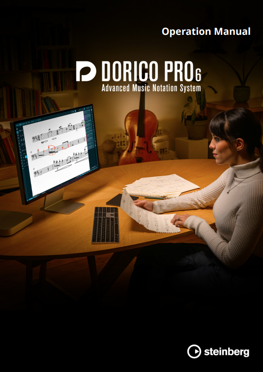 Dorico Pro Advanced Notation Studio Guide: studio scene with scores, monitor, violin, Steinberg branding.