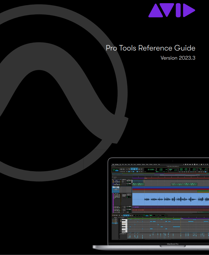 Pro Tools Reference Guide 2023.3 cover with AVID branding, gear motif, and laptop editing tracks.