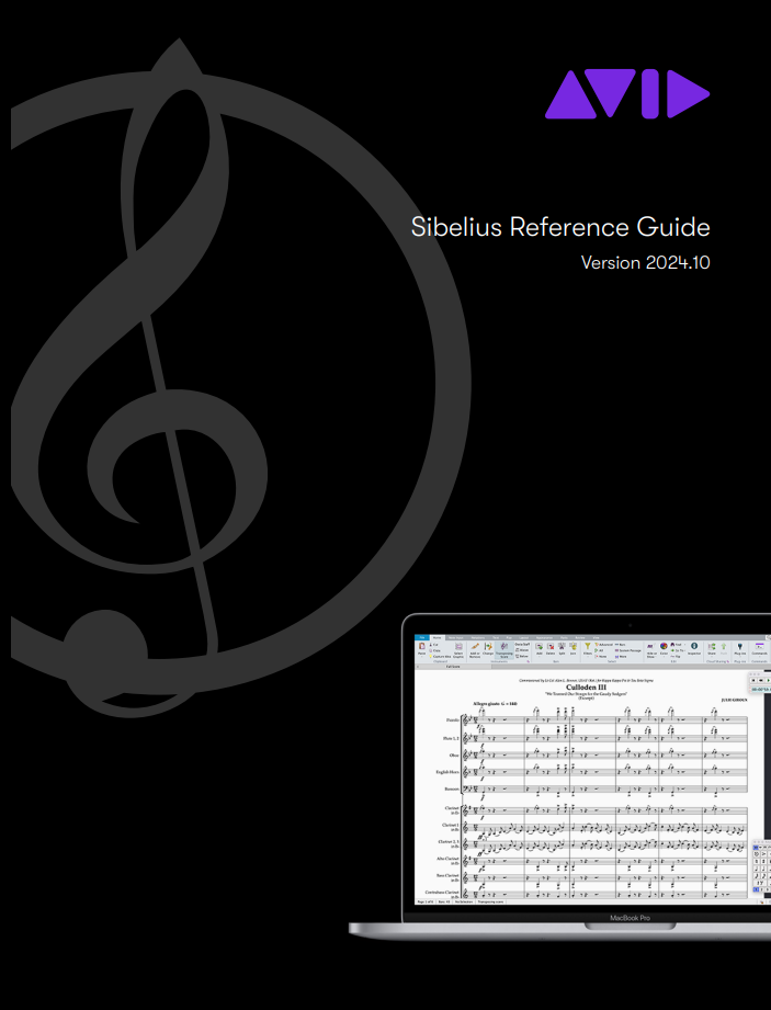 Dark Sibelius 2024.10 Reference Guide cover with treble clef, AVID logo, and laptop for composers.