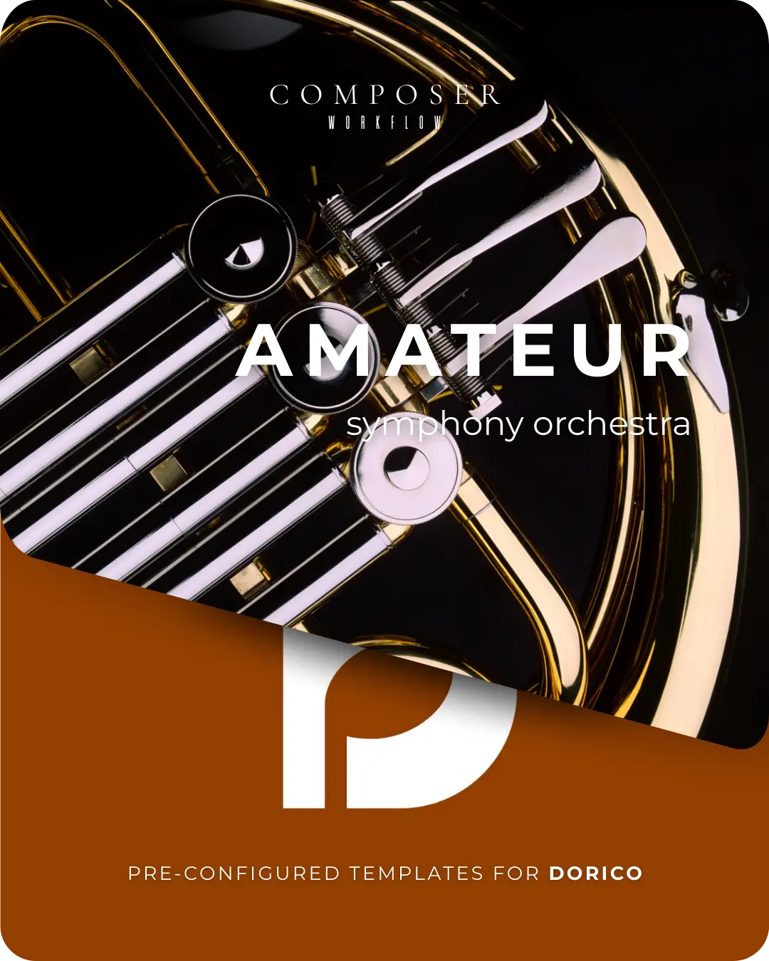 Amateur Dorico templates for orchestral scoring with brass close-up and bold typography.