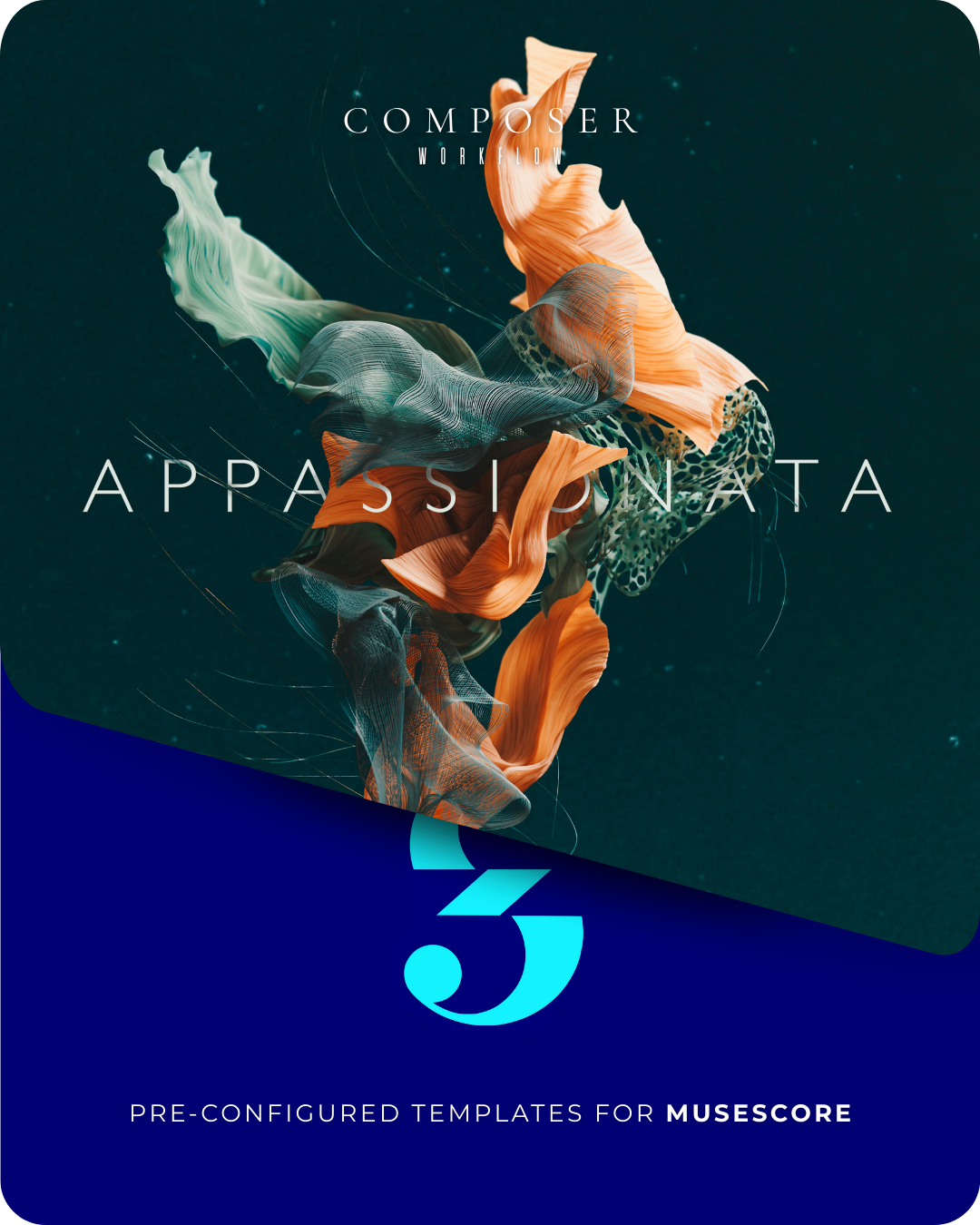 Appassionata MuseScore Templates cover featuring diagonal teal-orange ribbons and blue number 5 for composers.