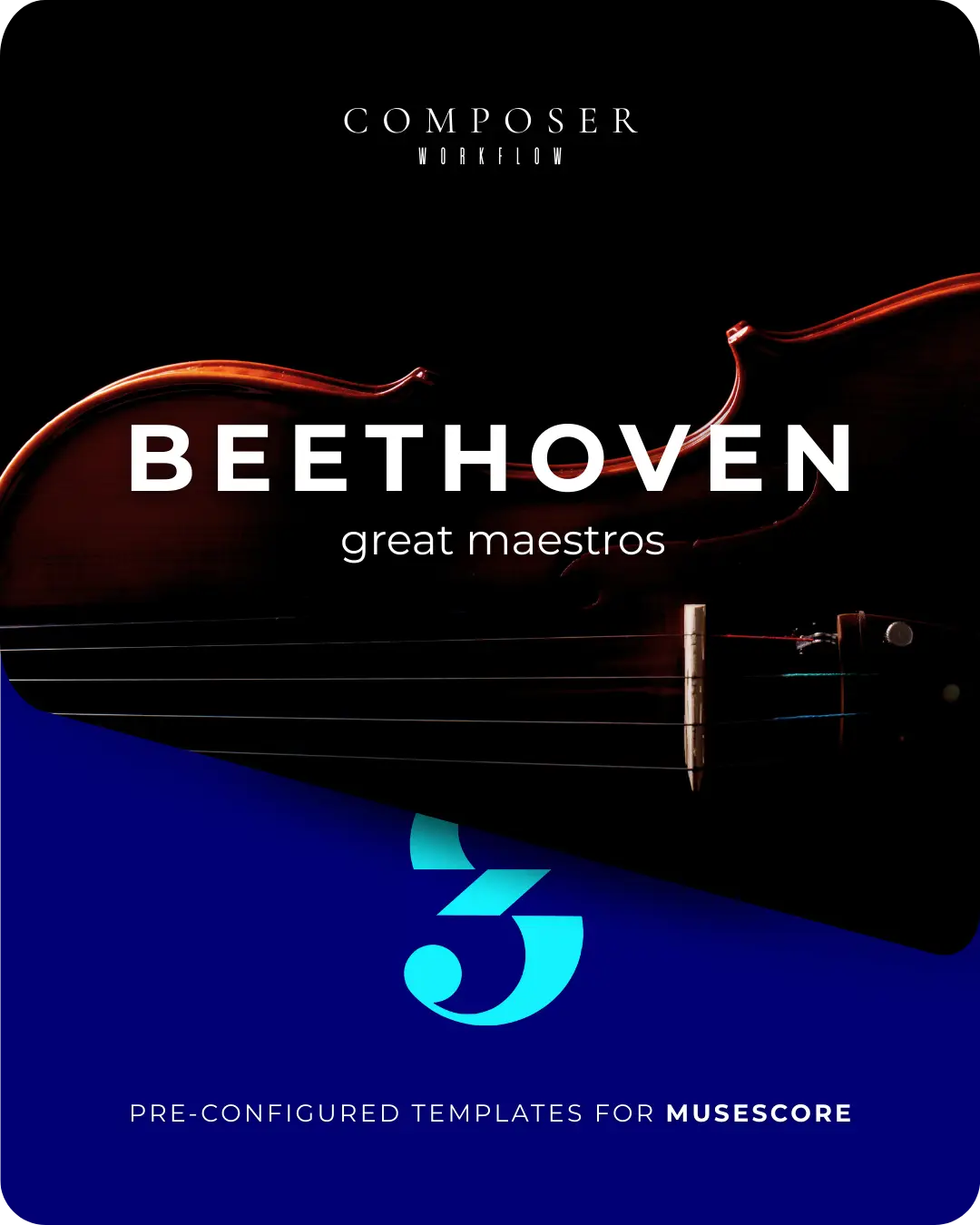 Beethoven MuseScore templates cover featuring moody piano art, bold BEETHOVEN, blue diagonal panel, pre-configured templates.