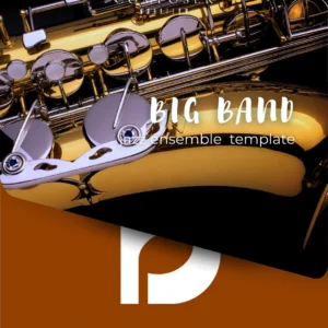 Close-up brass saxophone with Big Band Dorico template for jazz arrangements on orange panel.