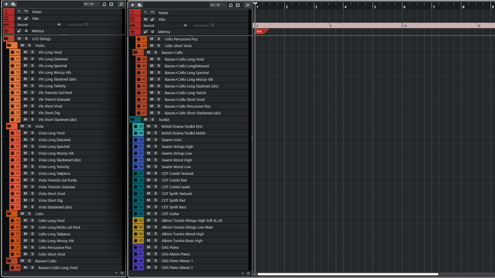 Film score DAW: three-panel orchestral layout with strings, toolkit synths, and pink piano-roll.