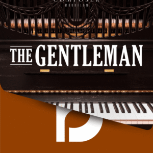 The Gentleman Dorico Template Pack cover: moody piano, ornate motif, orange diagonal panel.
