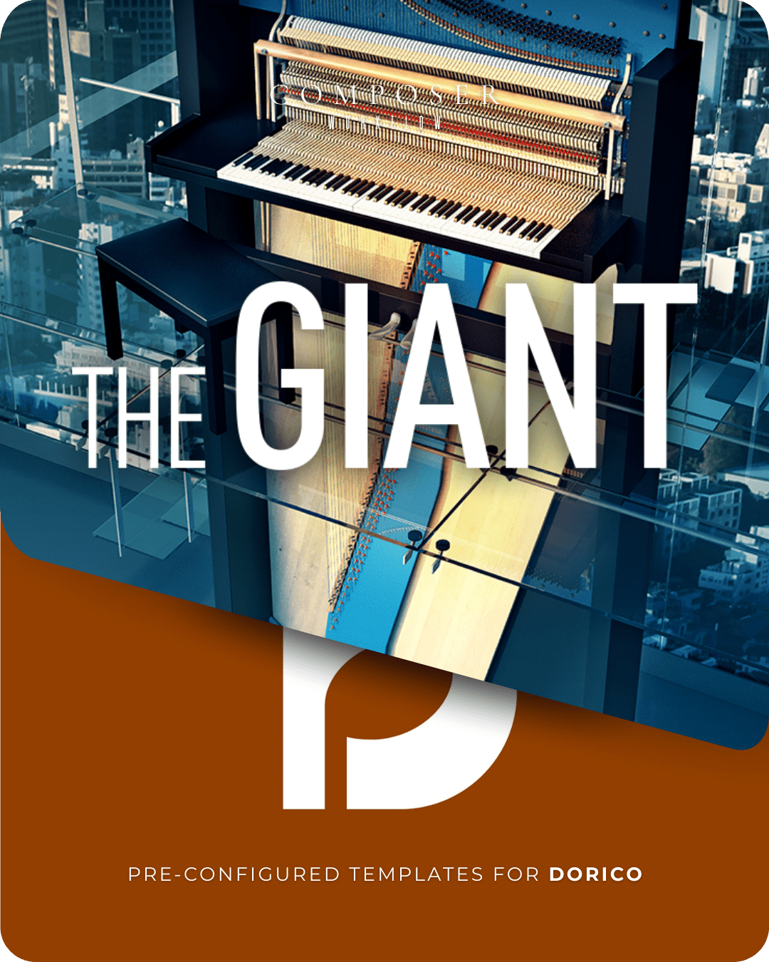 Giant Dorico templates cover with piano above blue city skyline and bold white title