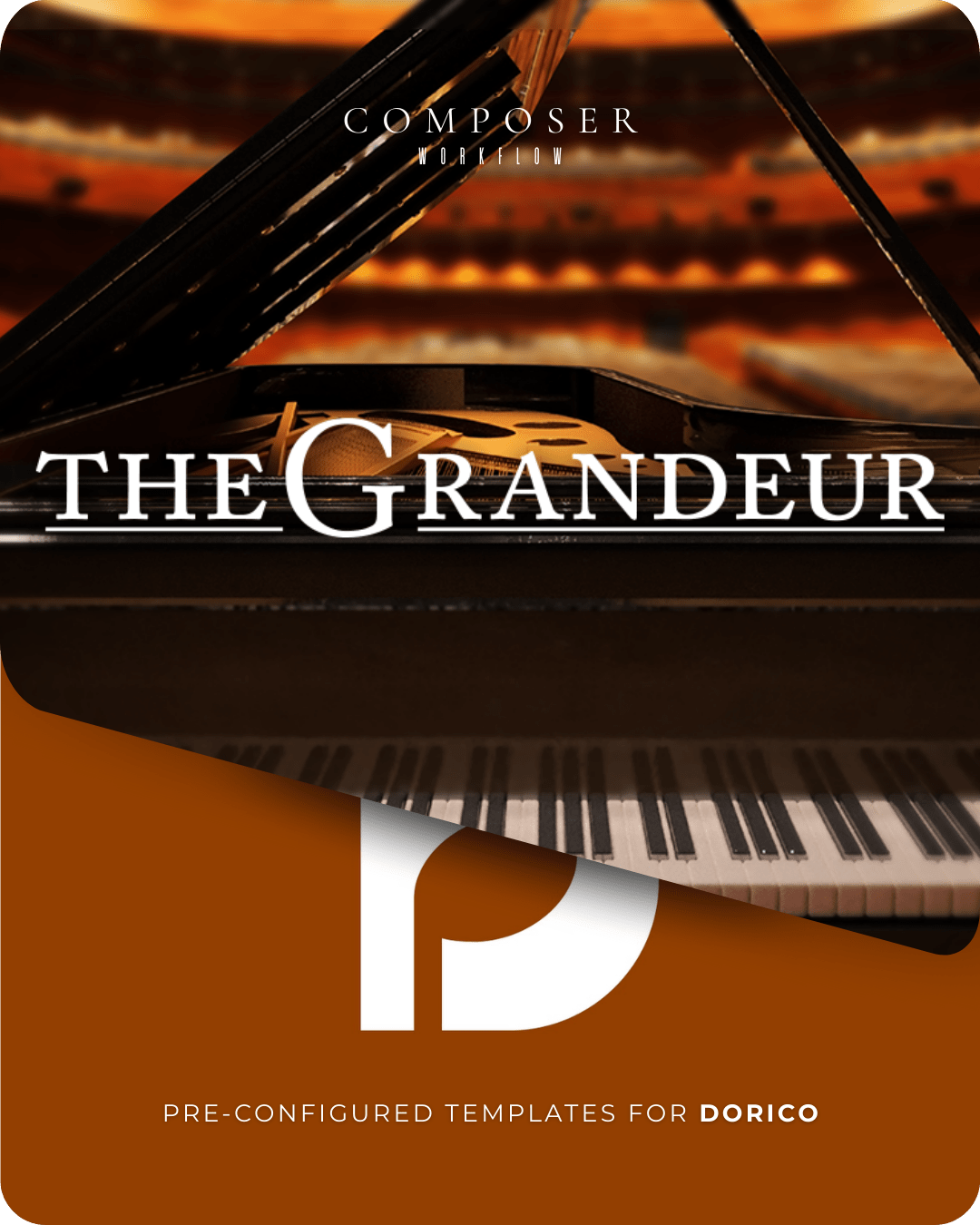 Grandeur Dorico Composer Templates: premium grand piano under warm concert hall lighting.