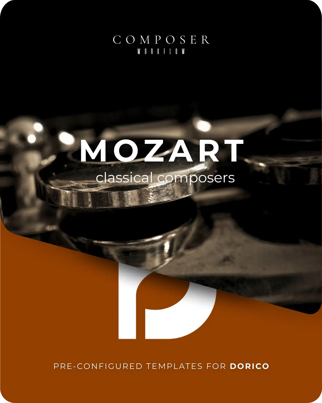 Mozart Dorico preconfigured templates for classical scores with high contrast piano imagery and orange banner.