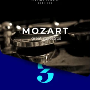 Close-up of gleaming string hardware with MOZART typography and blue panel showcasing 5 MuseScore templates.