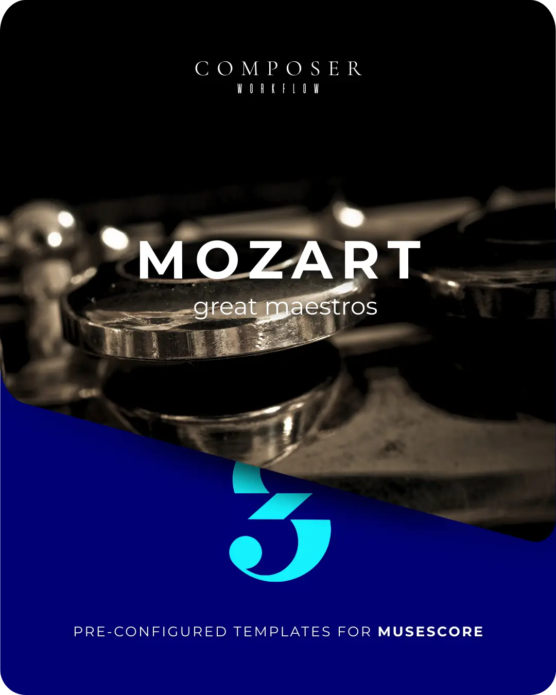 Close-up of gleaming string hardware with MOZART typography and blue panel showcasing 5 MuseScore templates.