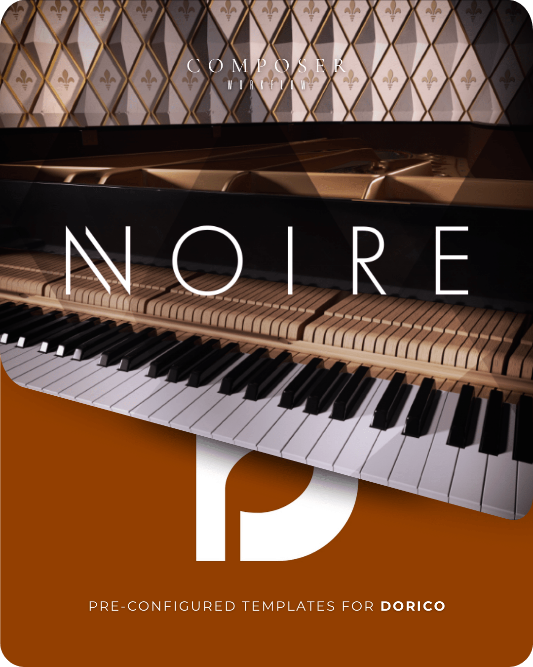 Noire Dorico Premium Piano Template with amber-lit grand piano, bold NOIRE typography, and orange footer.