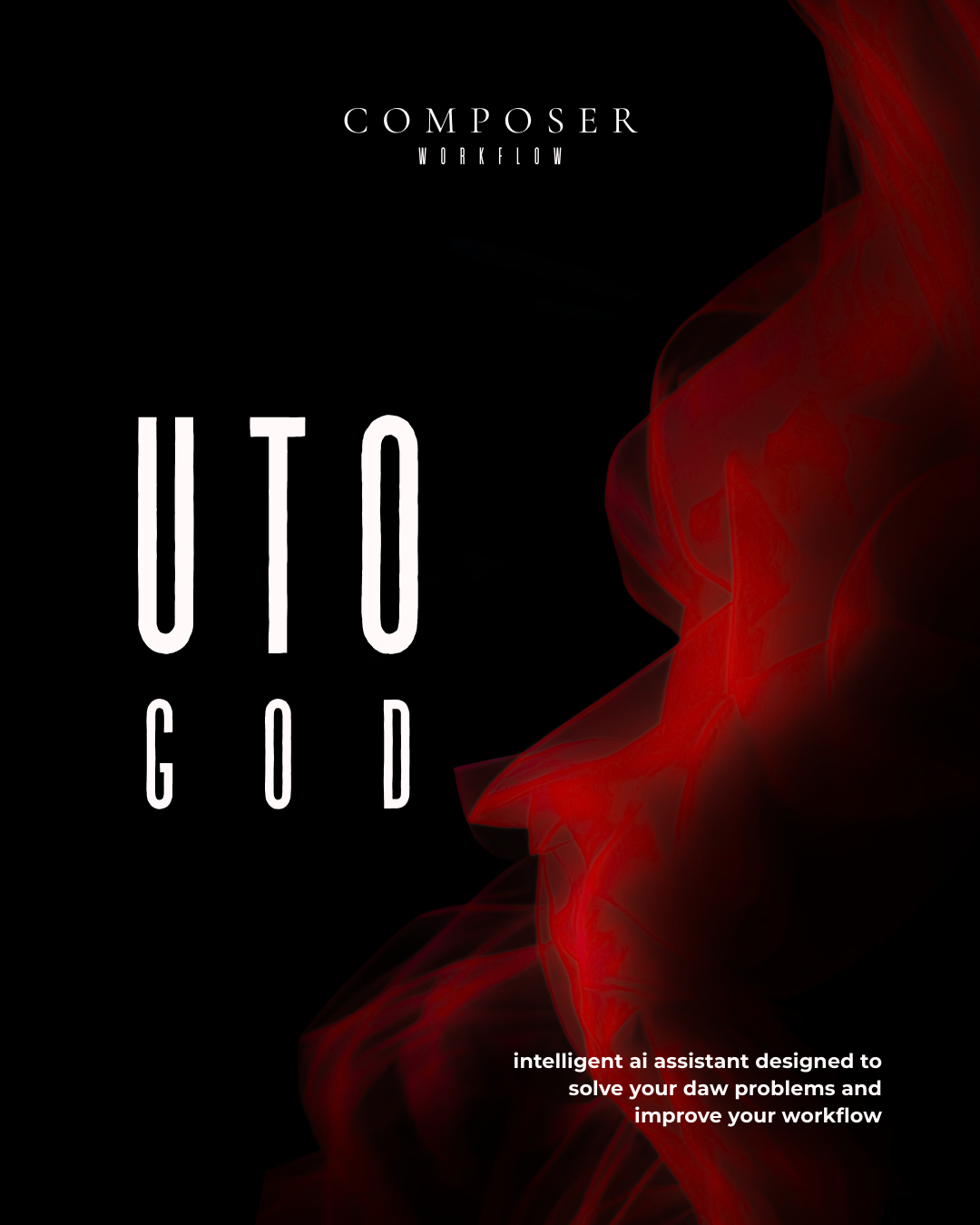 Minimalist black poster with bold vertical white typography and red smoke accent on the right, COMPOSER.