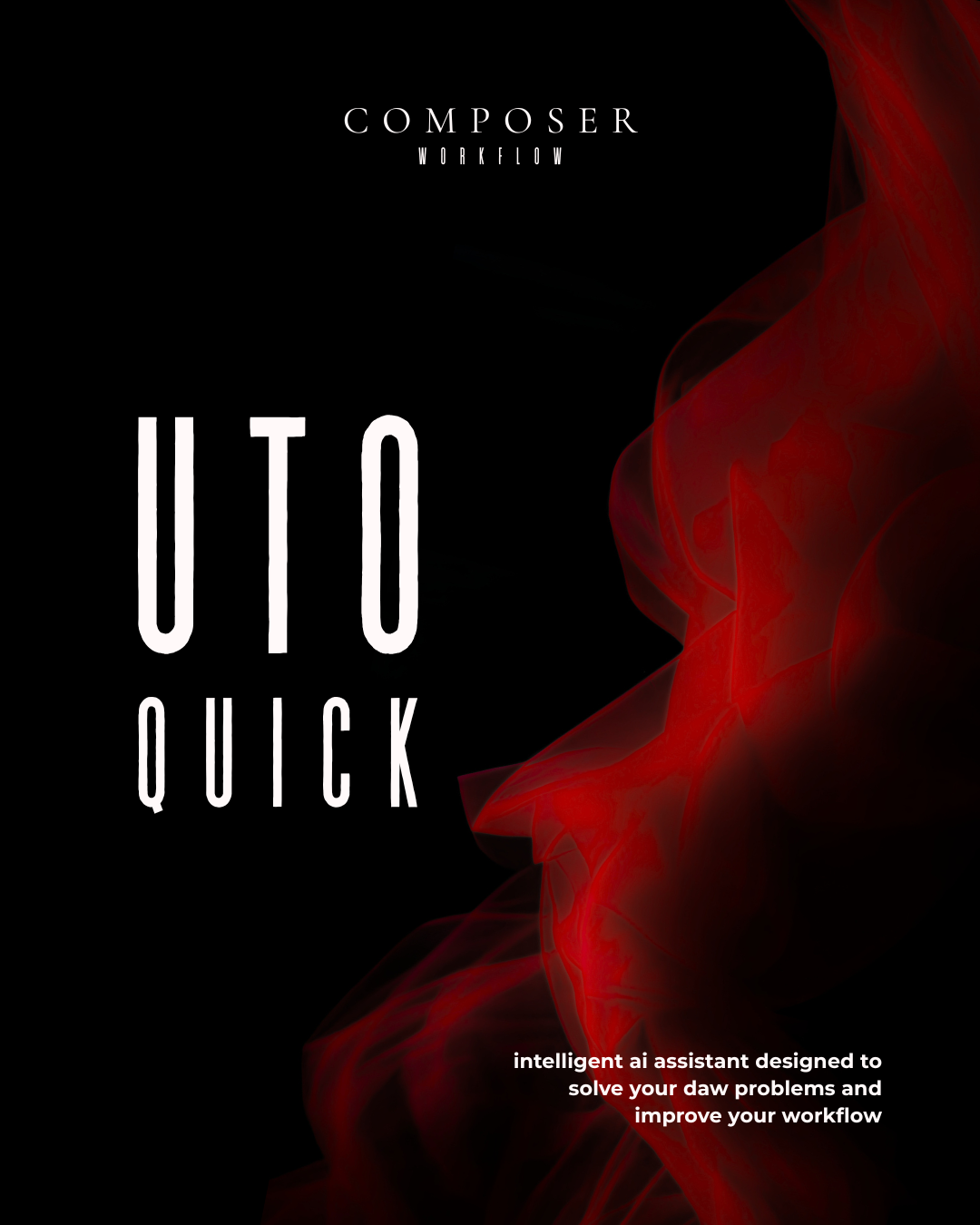 Black minimalist cover with red smoke plume and bold COMPOSER QUICK typography; AI-driven workflow solution.