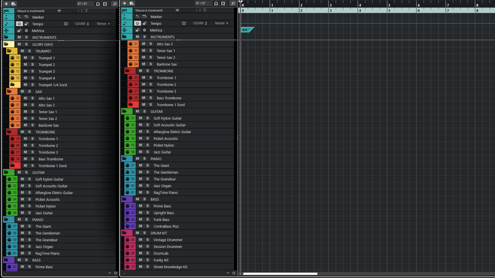 Three-panel DAW layout with Italian UI and empty piano roll for big-band arrangement.