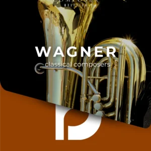 Polished brass tuba with Wagner branding, orange diagonal overlay, promoting Dorico templates for classical composers.