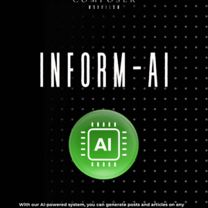 Inform-AI AI content creation poster with dark theme, green badge, and microchip icon.